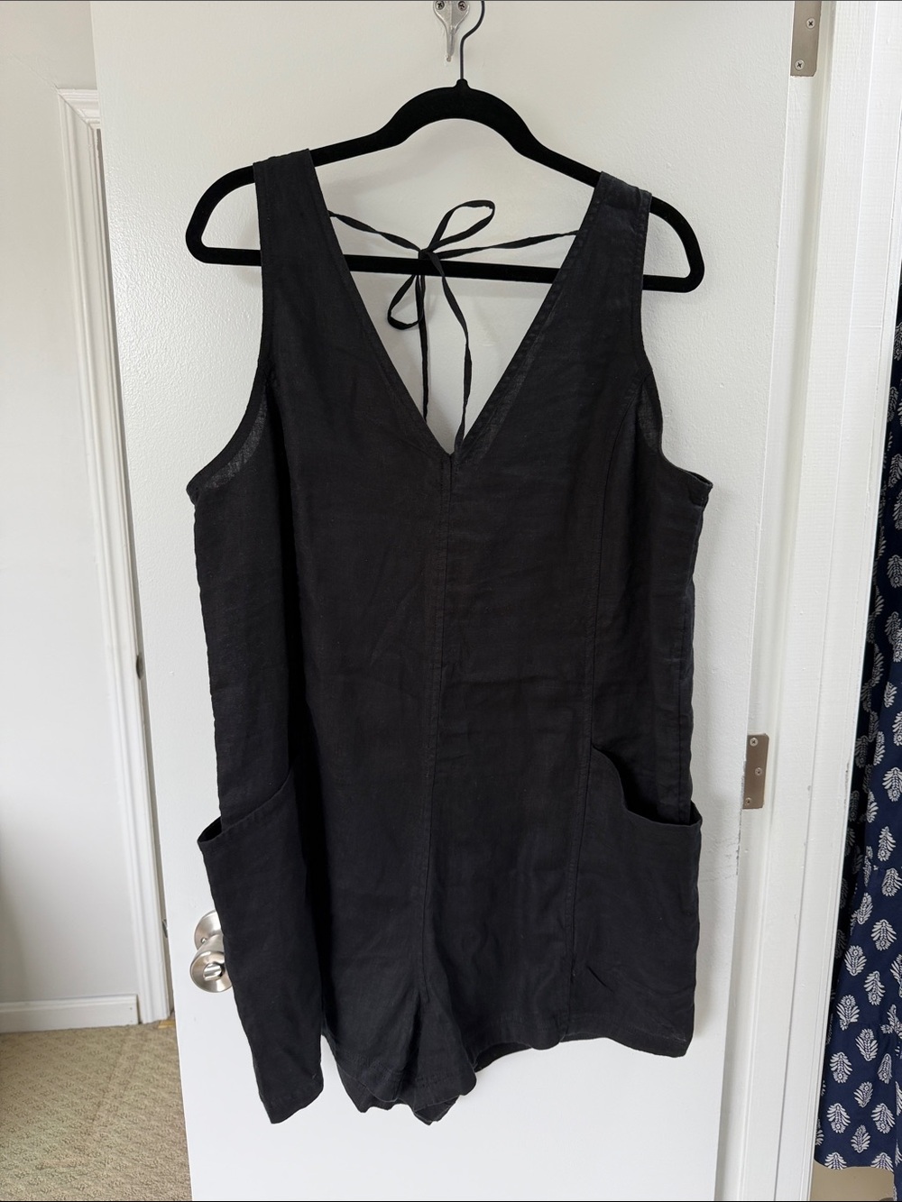 Athletes Black Linen V-Neck Romper with Pockets